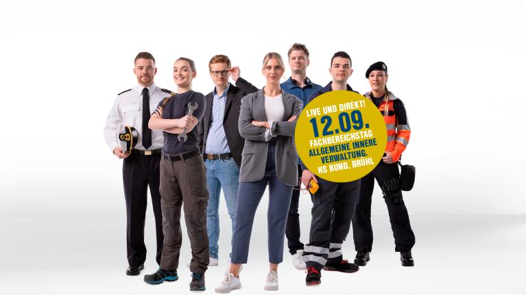 7 zivile Kollegen der Budnespolizei in unterschiedlichen Uniformen
