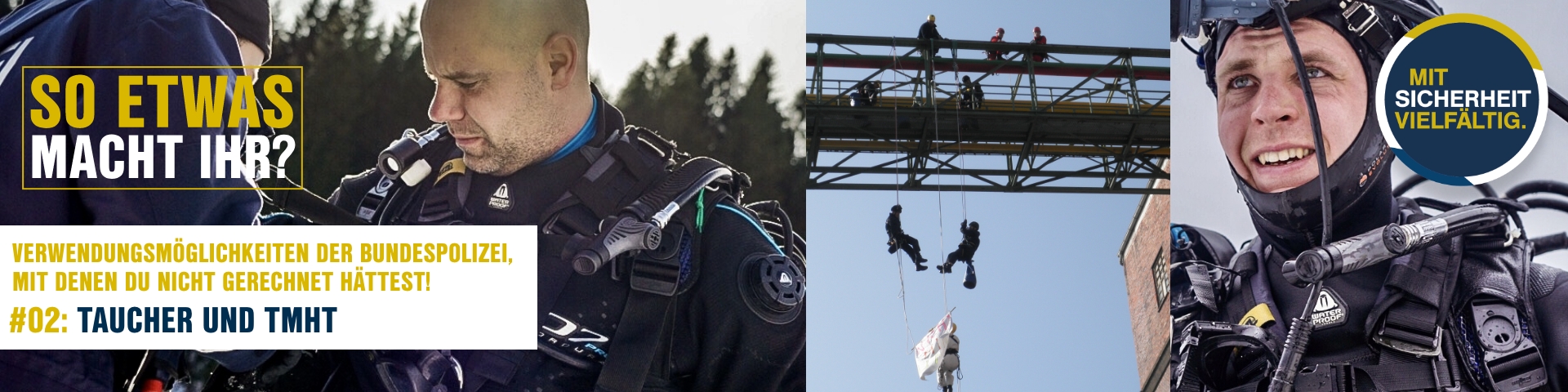 Bild eines Bundespolizisten in Tauchausrüstung beim Einsatz im Wasser. Der Taucher trägt ein schwarzes Neoprenanzug, Flossen und Atemgerät. Im Hintergrund sind Wasseroberfläche und Ufer sichtbar. Dieses Bild verdeutlicht die vielseitigen Einsatzmöglichkeiten innerhalb der Bundespolizei, insbesondere im Taucher- und TMHT-Bereich.